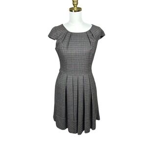 Grey Brown Plaid Pleated Cap Sleeve Fit and Flare Dress Size M Pocketed Preppy